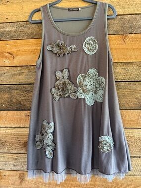 Embellished Taupe A-Line Tank Dress with Crochet Appliqués Size XL